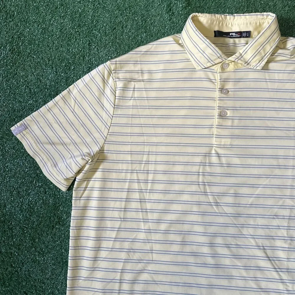 RLX Ralph Lauren Athletic Polo Shirt Men’s Large Yellow Blue Striped Stretch Fit